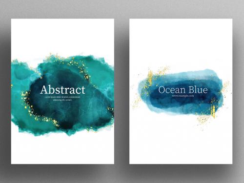 Turquoise and Blue Cover Layouts with Watercolor Texture - 469582430