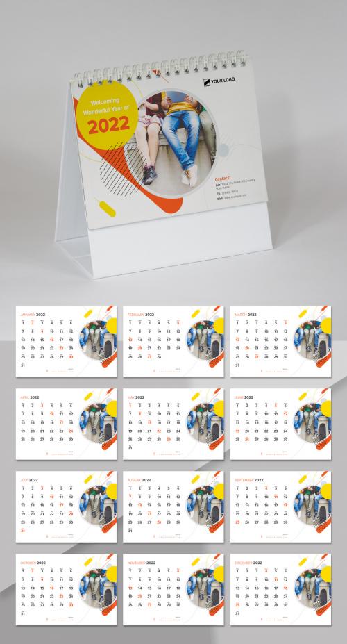 Desk Calendar with Bright Color Accents and Abstract Elements - 472300995