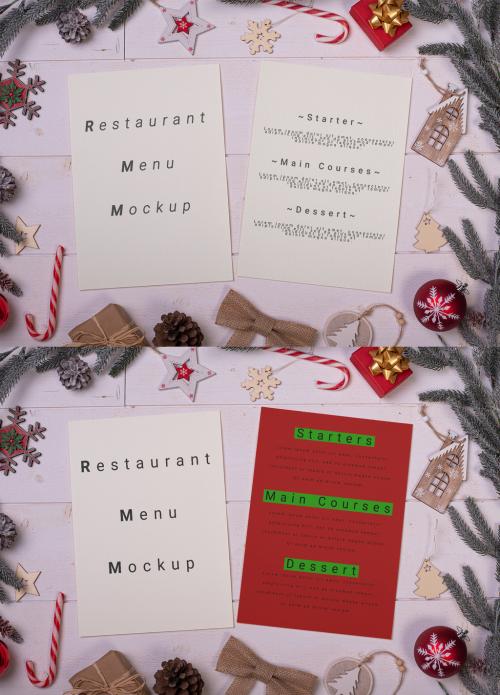 Two Pages Christmas Menu on White Wooden Restaurant Table with Holyday Decoration - 472896060