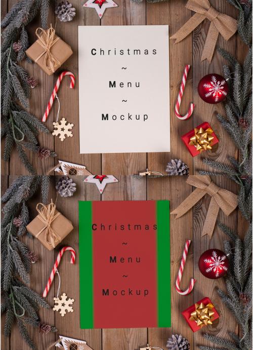 One Page Christmas Menu on Wooden Restaurant Table with Holyday Decoration - 472896062