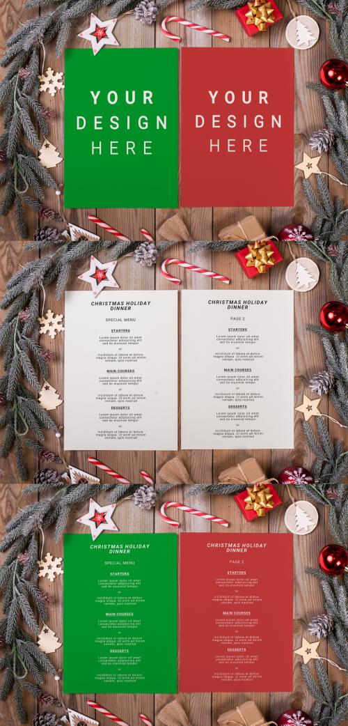 Two Pages Christmas Menu on Wooden Restaurant Table with Holyday Decoration - 472896067