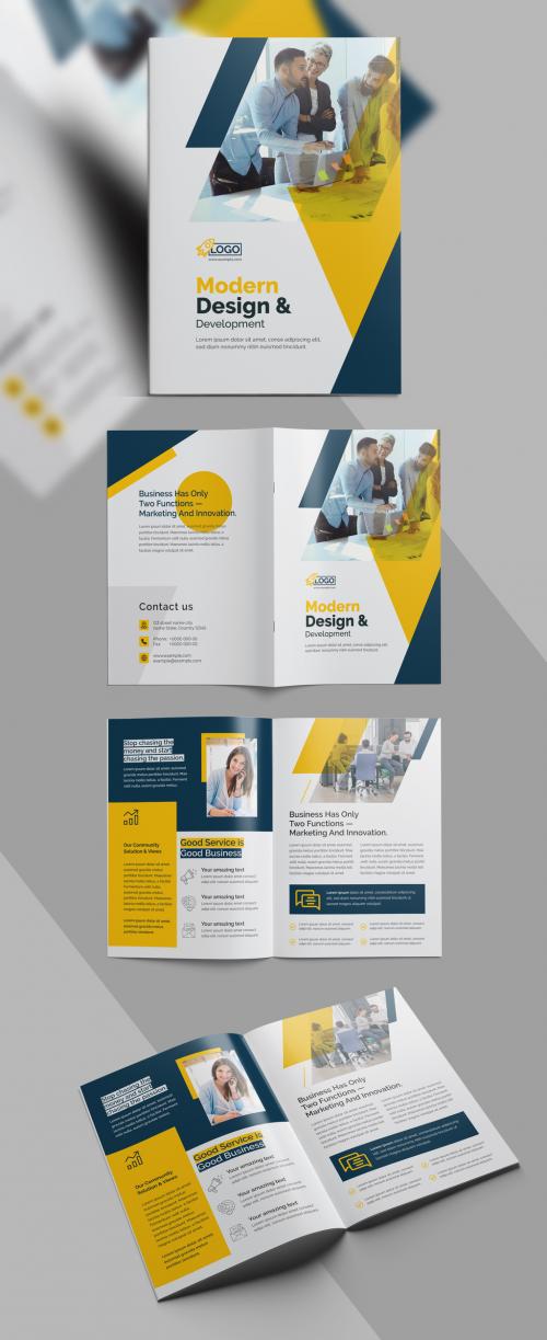 Corporate Bi Fold Brochure Template with Yellow & Dark Vector Accents - 473612759