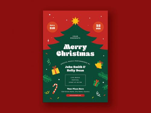 Red Christmas Party Flyer with Christmas Tree Illustration - 473613555