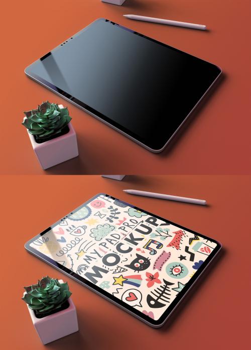 My Pad Pro Tablet Mockup on a Autumn Background and Succulent Flower - 473801609