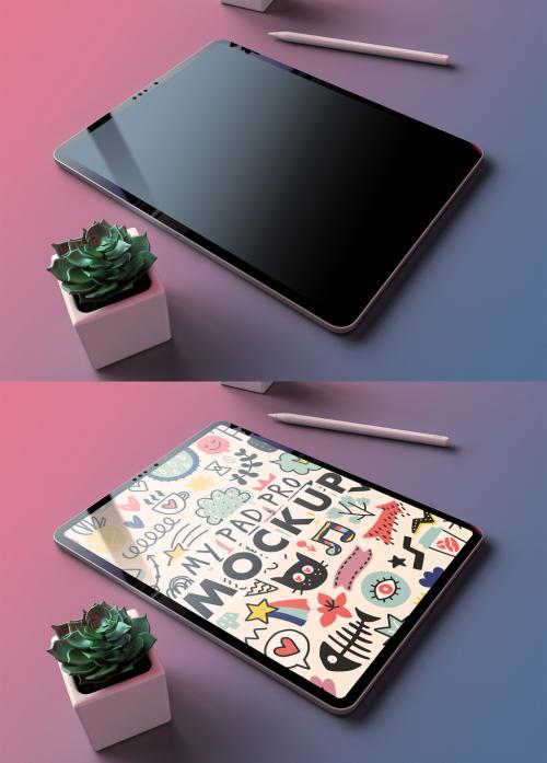 My Pad Pro Tablet Mockup on a Old Pink and Turquoise Blue Background with a Succulent Flower - 473801613