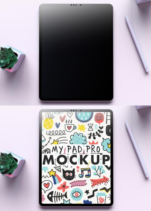 My Pad Pro Tablet Mockup on a Clean White Desk and a Succulent Flower on a Over the Head View - 473801614