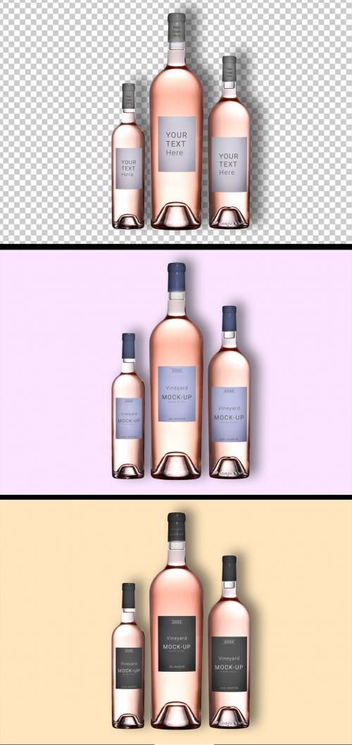 3 Rose Wine Bottles Mockup on a Customizable Background - 473851117