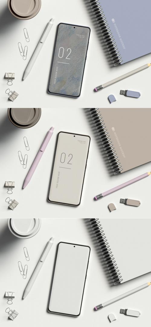 Top View of Smartphone with Office Items Mockup - 474281522