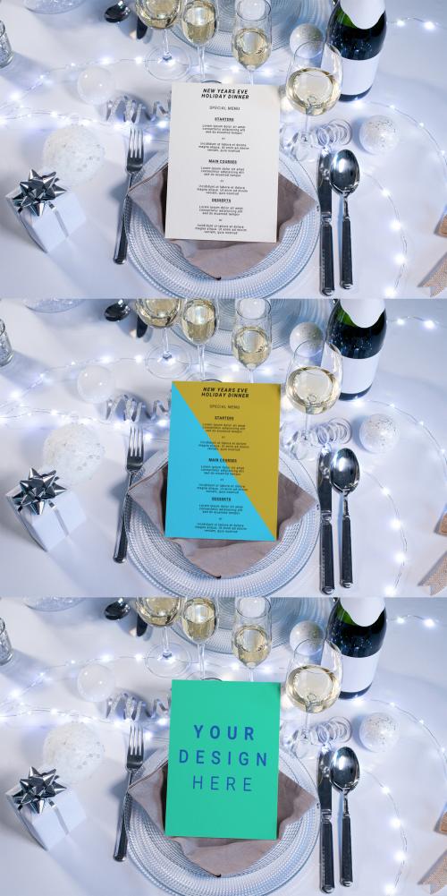 Cardboard Restaurant Menu on a Plate of Festive White Holiday Table - 475601195