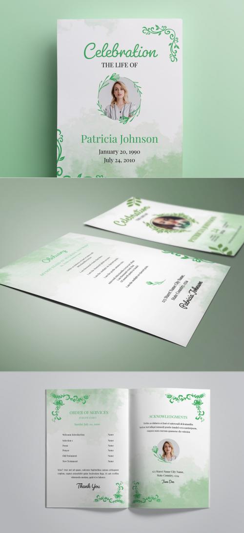 Modern Simple Funeral Program Memorial Service Obituary Layout with Green Filigree - 478396310