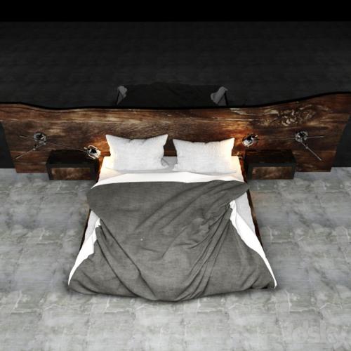 Bed with wooden headboard