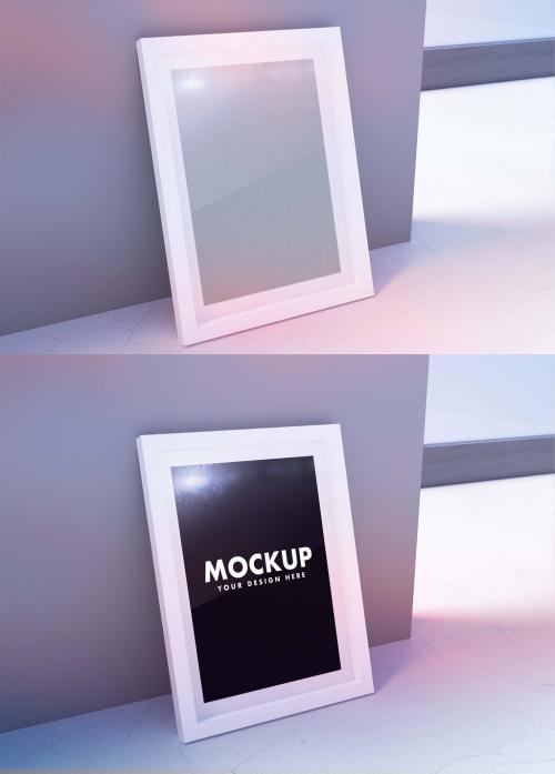 Minimalistic Scandinavian Style Frame on the Floor Mockup on a Gray Concrete Beach Balcony Wall