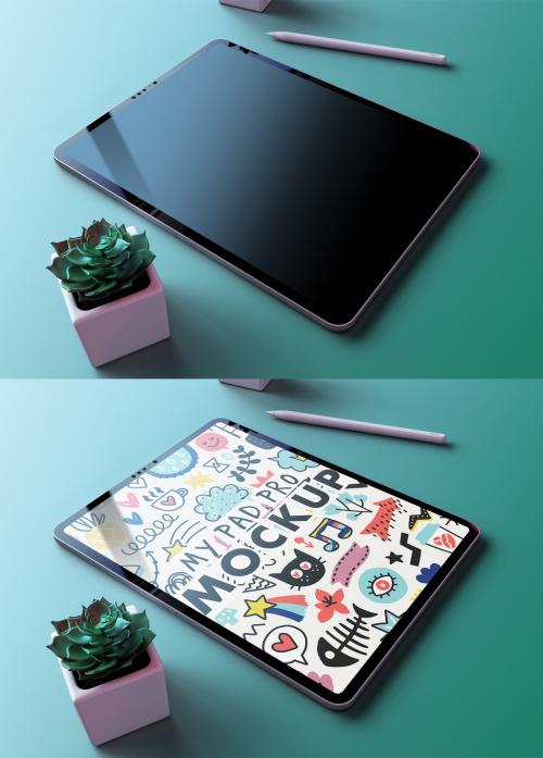 Pro Tablet Mockup on a Vintage Green and Blue Gradient Background and Trendy Succulent Flower