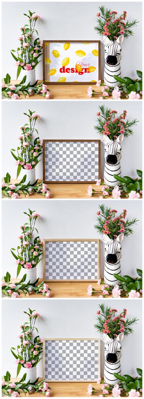 Wooden Horizontal Frame Set with Zebra Vase and Flowers