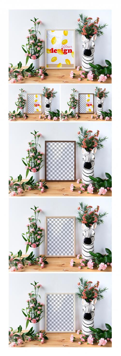 Wooden Vertical Frame Set with Zebra Vase and Flowers