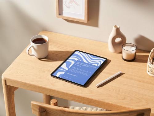 Smart Tablet on a Wooden Desktop Mockup