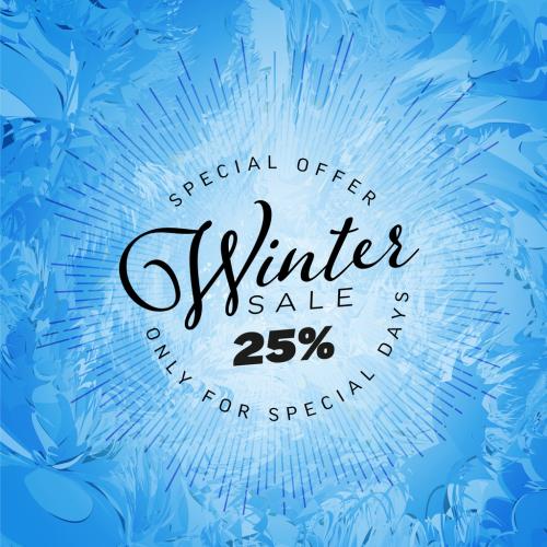 Winter Sale Tag Layout with Sun Rays and Frost Background