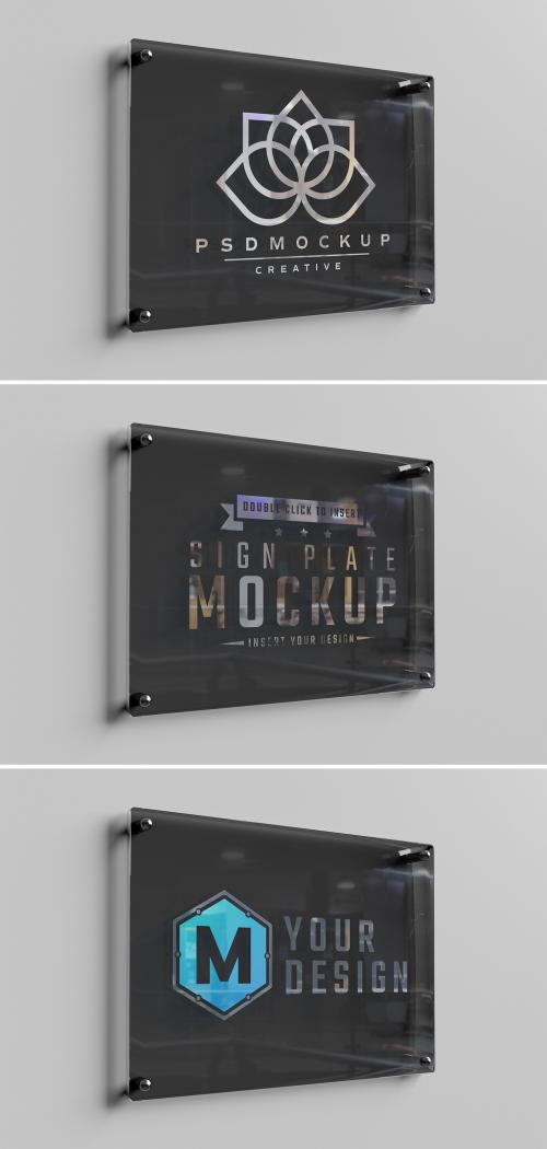 Black Glass Sign Plate on White Wall Mockup