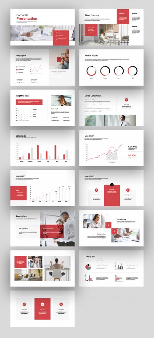 Minimal Business Presentation Layouts with Red Accent and Editable Charts
