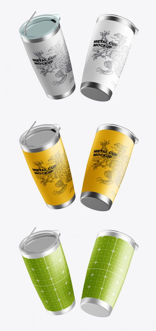 Set of Stainless Steel Travel Cups Mockup