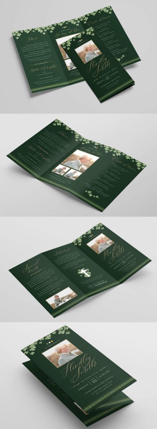 Green Irish Celtic Themed Funeral Program Trifold Layout