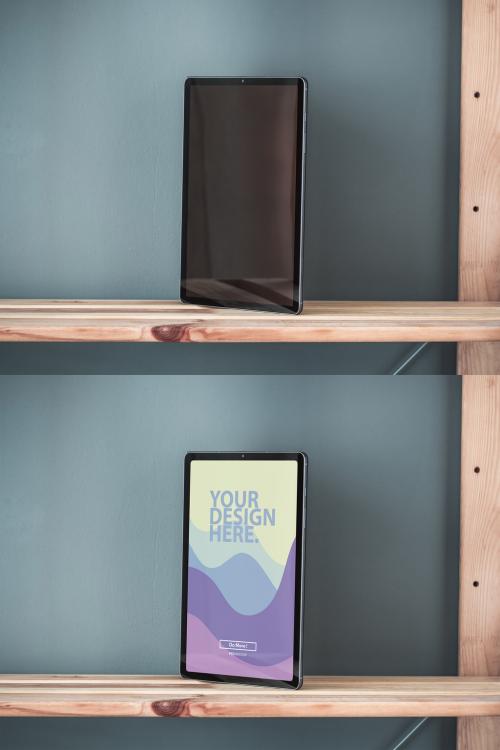 Digital Tablet Mockup Vertically on Wooden Shelf