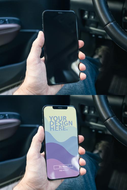 Modern Smartphone Mockup in Man's Hand in Modern Car Interior