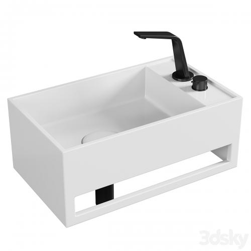 Lavabo mural PB2078 en pierre solide (Solid Surface) - 50 x 30 x 20 cm - blanc mat - avec porte-serviettes intégré