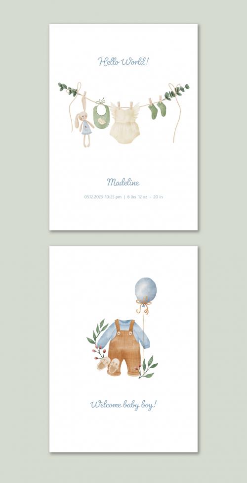 Baby Birth Announcement Cards Set with Watercolor Illustrations