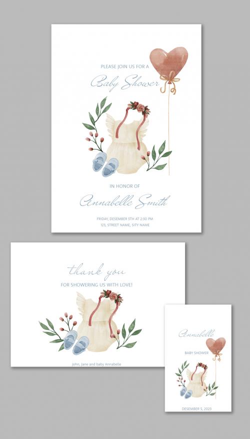 Baby Shower Cards Set with Watercolor Illustrations
