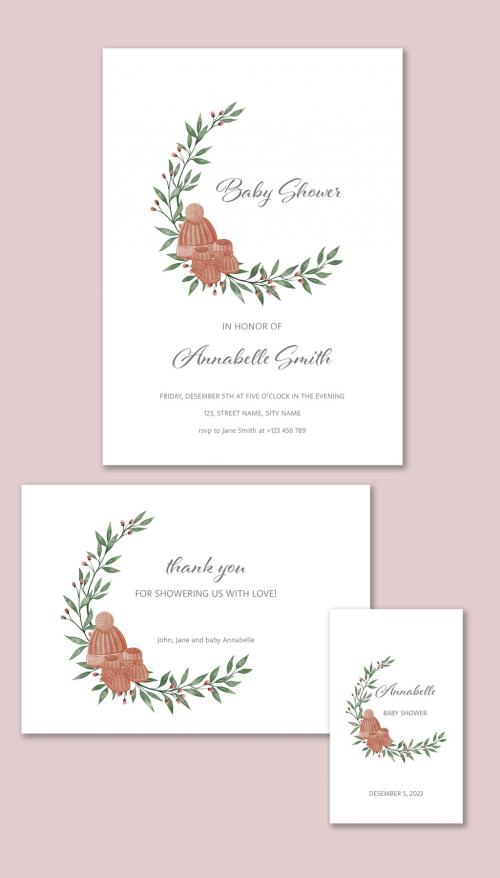 Baby Shower Cards Set with Watercolor Illustrations