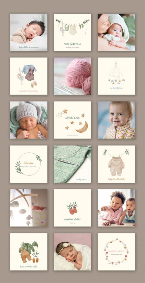 Baby Clothing Store Post Layouts with Watercolor Illustrations