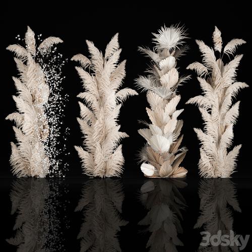 Wedding decorations from columns of dried flowers and pampas grass, Cortaderia, moonflower, dry, palm branch. Bouquet 289.