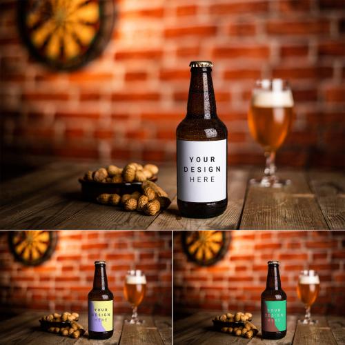 Fresh Lifestyle Beer Bottle on Wooden Table in a Bar Restaurant Pub with a Glass of Beer in Dim Atmosphere Background