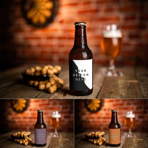 Fresh Lifestyle Beer Bottle on Wooden Table in a Bar Restaurant Pub with a Glass of Beer in Dim Atmosphere Background