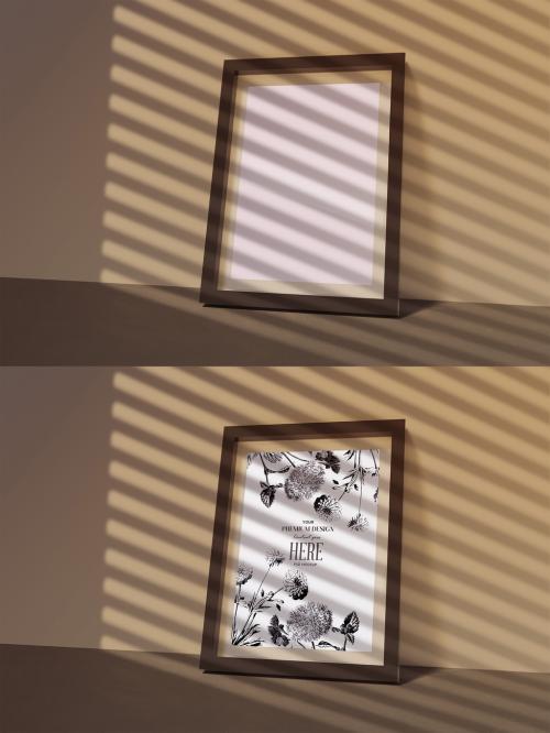 Minimalistic Scandinavian Style Frame Mockup on a Clean Yellow Wall with Window Blinds Shadows