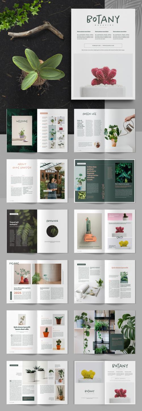 Botany Magazine Layout with Green and Pink Accents