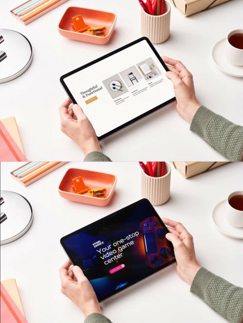 Using iPad on White Table Mockup