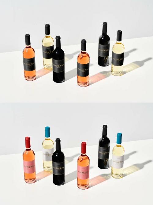 Group of Six Bottles of Wine Mockup