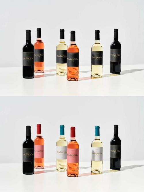 Group of Six Red and Rose and White Wine Bottles Mockup