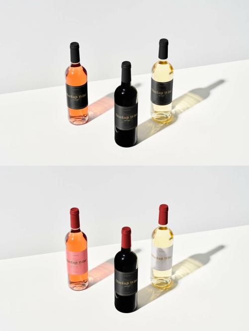 Group of Three Bottles of Wine Mockup