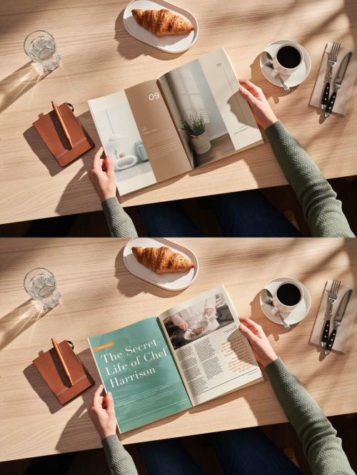 Reading A4 Magazine Mockup on Wooden Table and Sun Light