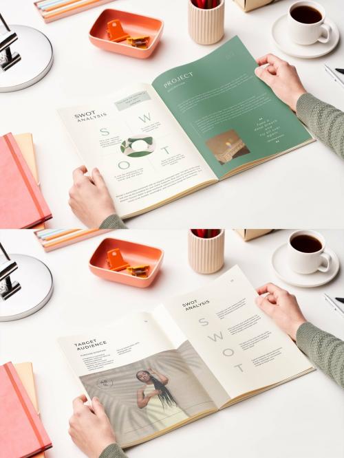 Woman Reading Open A4 Magazine Mockup on Table