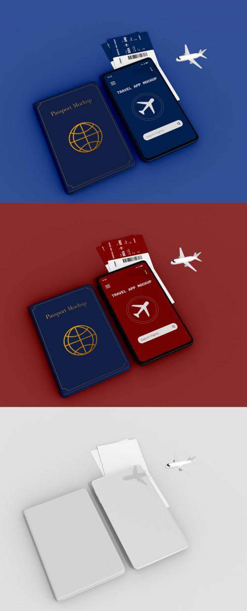 Travel Concept Smartphone with Passport and Boarding Pass Mockup