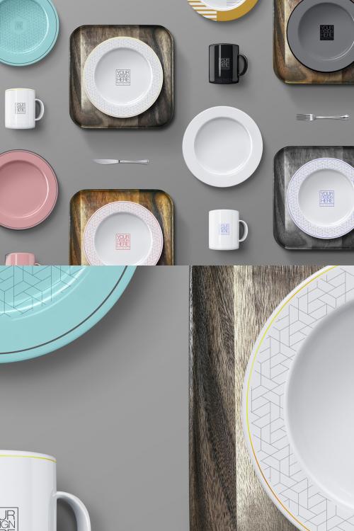 Dishware and Wooden Tray Mockup Set