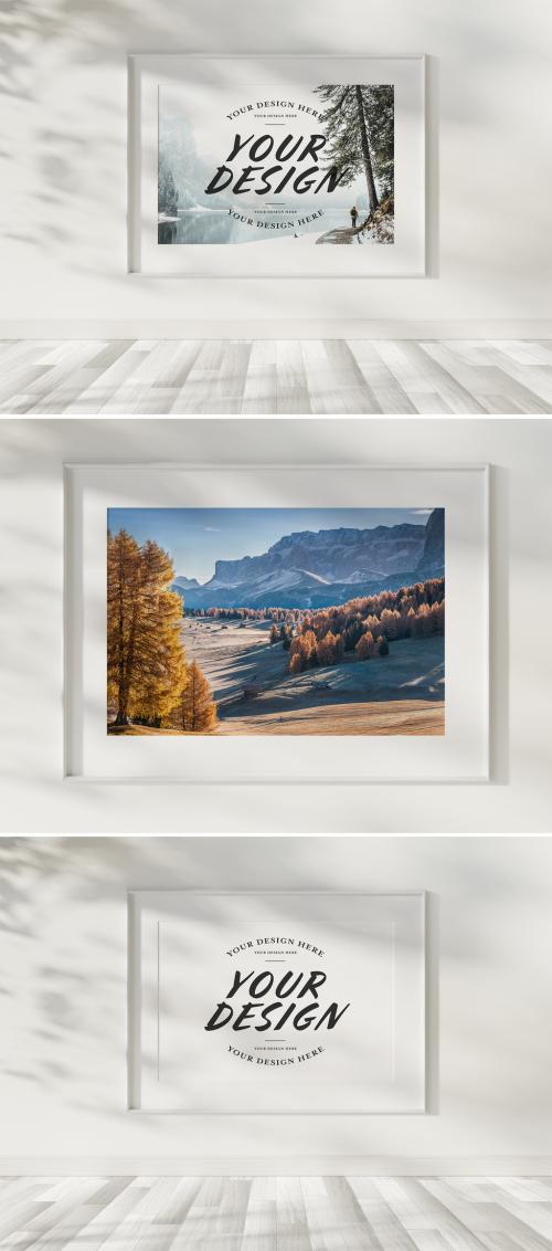 White Frame Hanging on Blank Wall Mockup