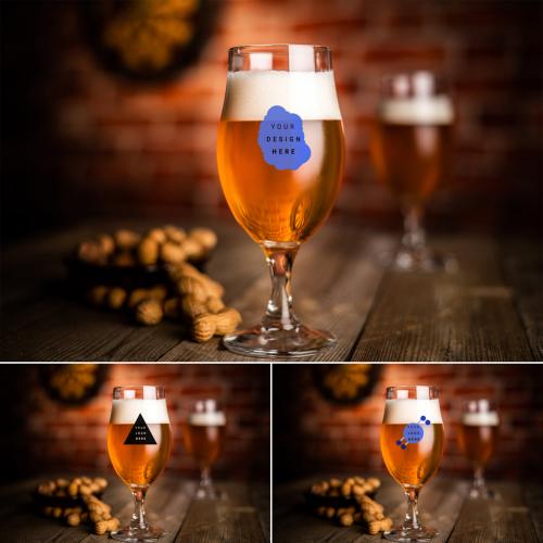 Fresh Lifestyle Beer Bottle on Wooden Table in a Restaurant with a Glass of Beer in Dim Atmosphere Background