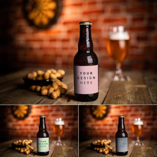 Fresh Lifestyle Beer Bottle on Wooden Table in a Restaurant with a Glass of Beer in Dim Atmosphere Background