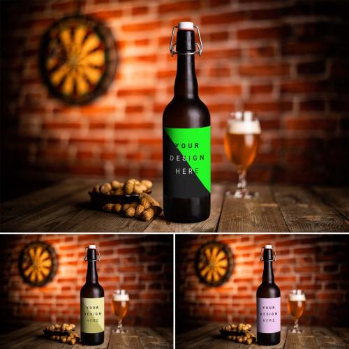 Fresh Lifestyle Beer Bottle on Wooden Table in a Restaurant with a Glass of Beer in Dim Atmosphere Background