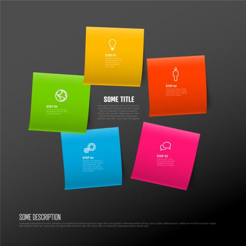 Five Simple Vivid Sticky Paper Steps Process Infographic Layout on Dark Background